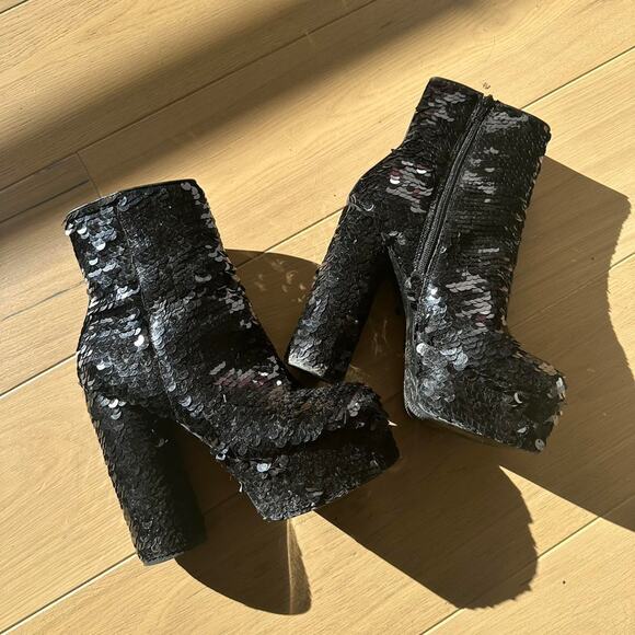 Black Sequin Platform Boots - Picture 3 of 8